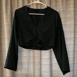 Forever 21 Dark Green Long-Sleeve Tie-Front Crop Blouse